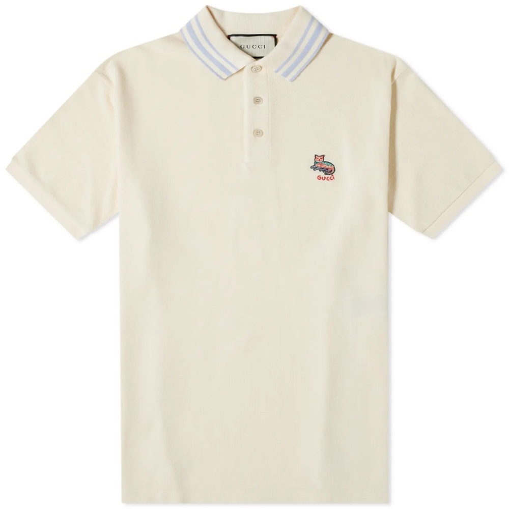 XL GUCCI CAT LOGO EMBROIDERED POLO OFF WHITE
